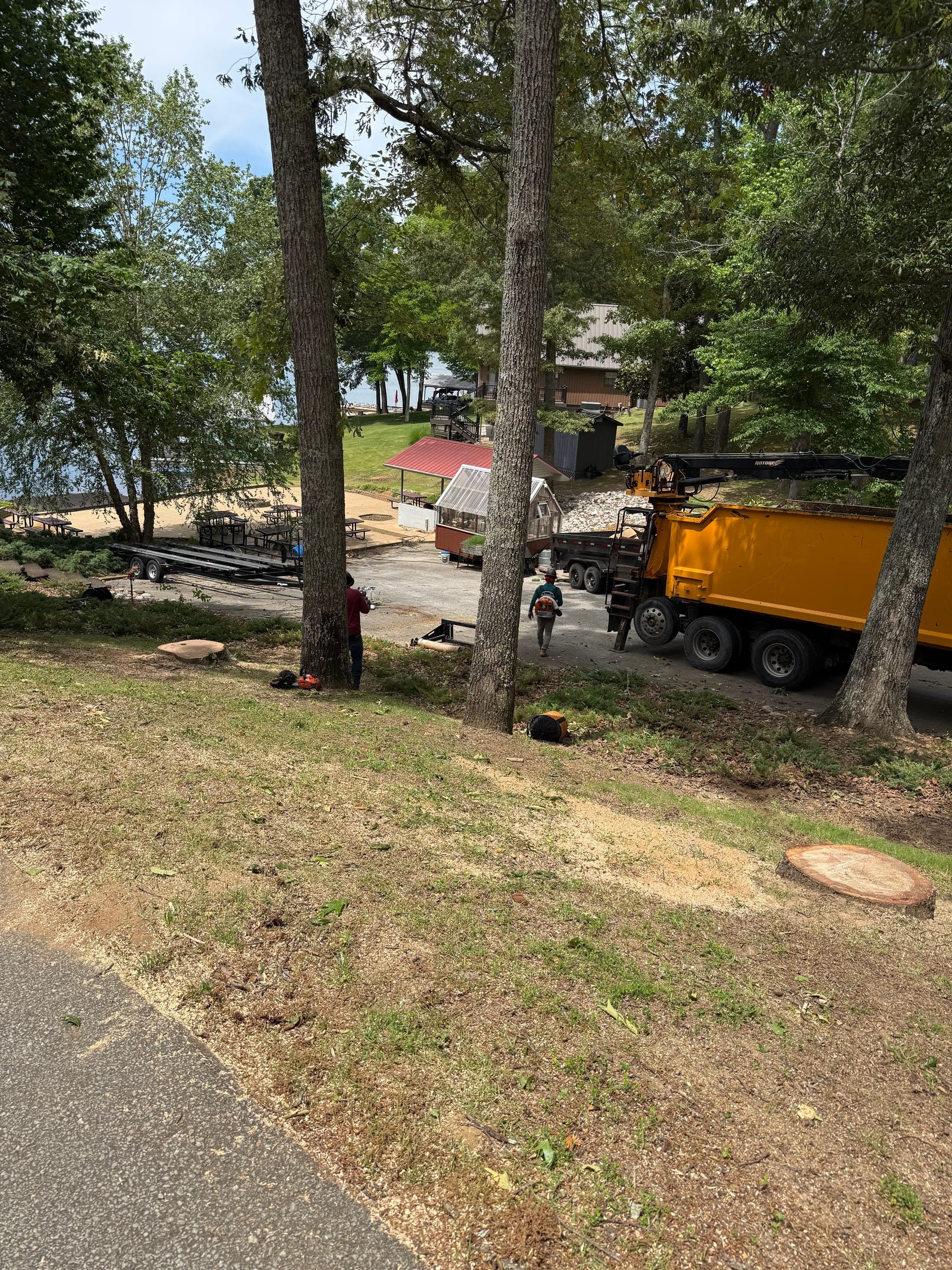 Taylors Tree Service yellow truck at a Tennessee property after a tree removal and cleanup